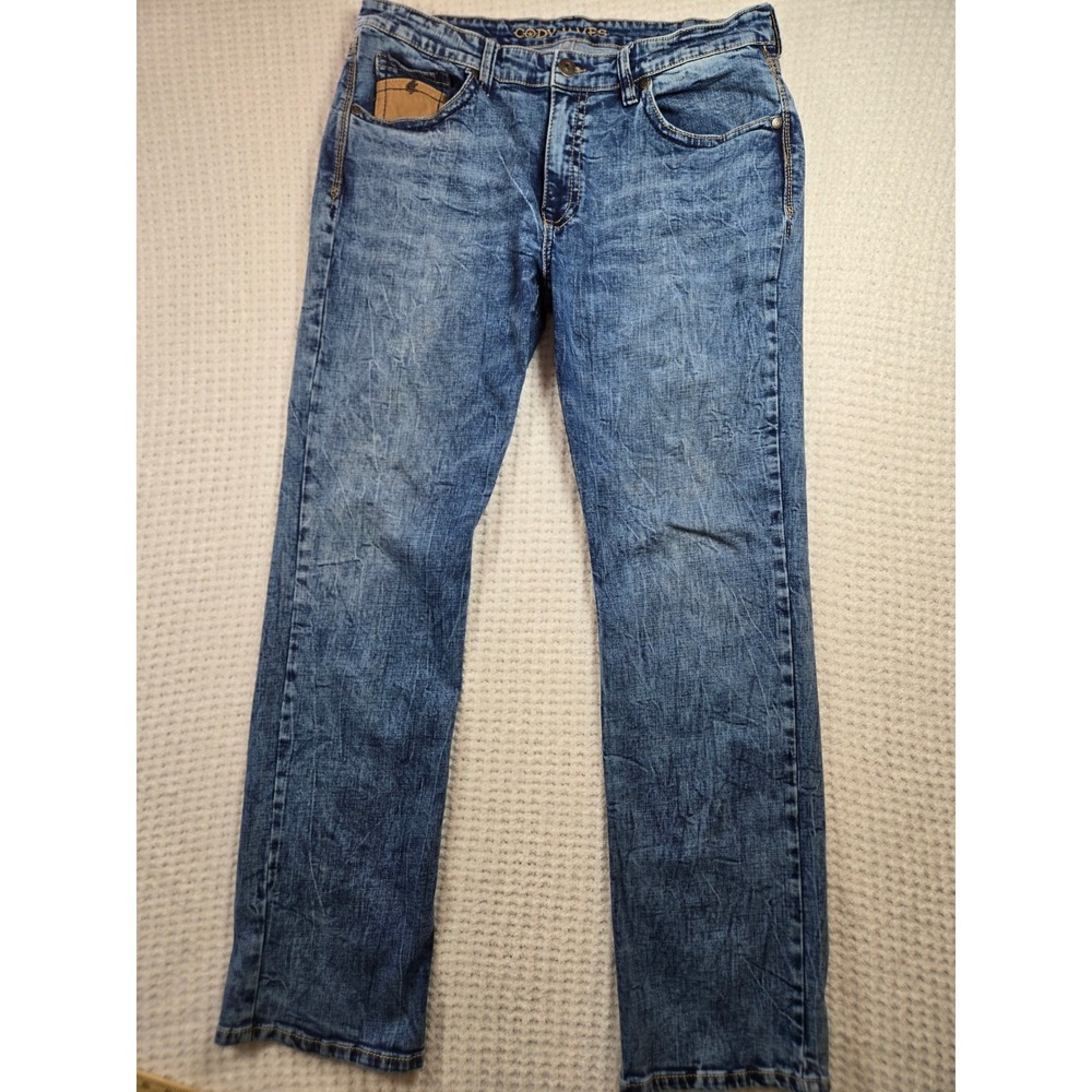 Cody James Leather Trim Denim Men Straight Leg Jean 36x32 Blue Medium Acid Wash